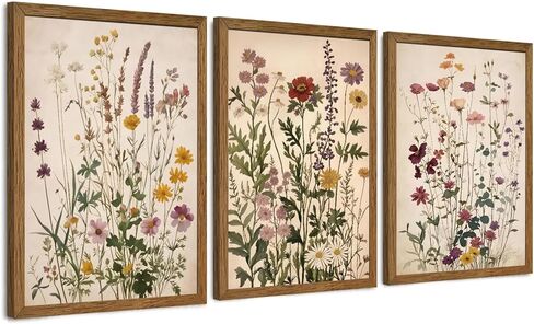 AVECCO Vintage Color Wildflower Canvas 3 Pieces Wall Art, Nature Floral Artwork Wall Decor, Botanical Art Prints for Bedroom Living Room Office Home Decoration Ready to Hang 12x16 Inch Wood Framed in Saudi Arabia