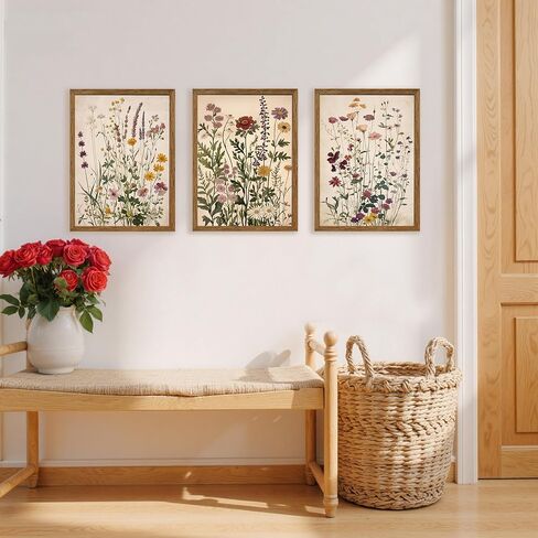 AVECCO Vintage Color Wildflower Canvas 3 Pieces Wall Art, Nature Floral Artwork Wall Decor, Botanical Art Prints for Bedroom Living Room Office Home Decoration Ready to Hang 12x16 Inch Wood Framed in Saudi Arabia