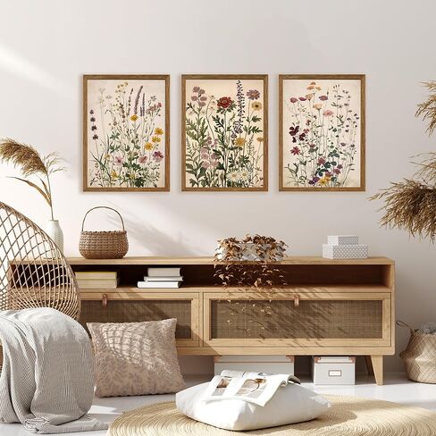 AVECCO Vintage Color Wildflower Canvas 3 Pieces Wall Art, Nature Floral Artwork Wall Decor, Botanical Art Prints for Bedroom Living Room Office Home Decoration Ready to Hang 12x16 Inch Wood Framed in Saudi Arabia