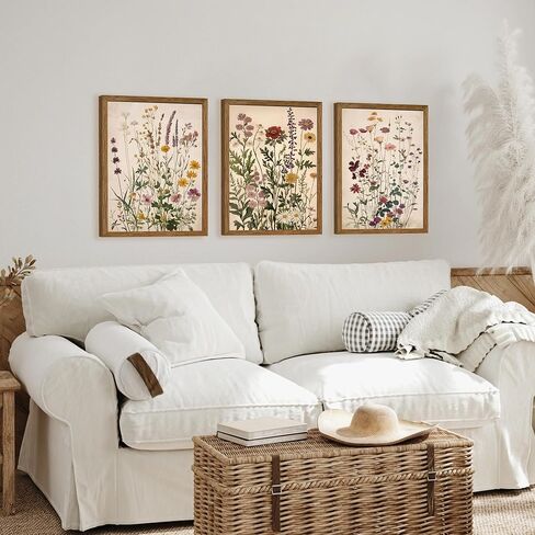 AVECCO Vintage Color Wildflower Canvas 3 Pieces Wall Art, Nature Floral Artwork Wall Decor, Botanical Art Prints for Bedroom Living Room Office Home Decoration Ready to Hang 12x16 Inch Wood Framed in Saudi Arabia