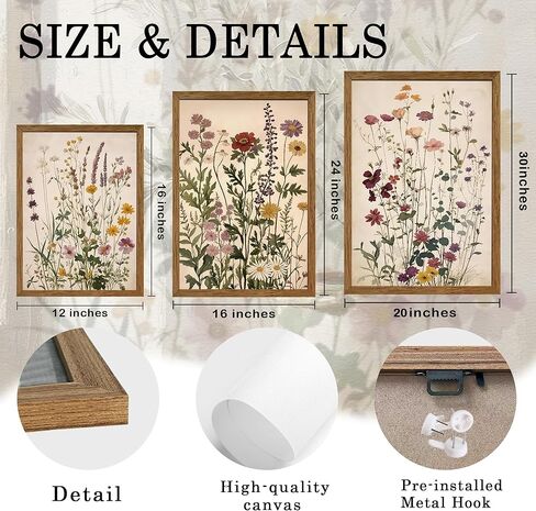 AVECCO Vintage Color Wildflower Canvas 3 Pieces Wall Art, Nature Floral Artwork Wall Decor, Botanical Art Prints for Bedroom Living Room Office Home Decoration Ready to Hang 12x16 Inch Wood Framed in Saudi Arabia