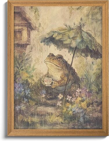 3D Textured Framed Vintage Frog Wall Art, Rustic Farmhouse Animal Wall Decor, Funny Frog with Umbrella Sandstone Painting, Whimsical Cottagecore Picture for Living Room Bedroom 12x16 Inch in Saudi Arabia