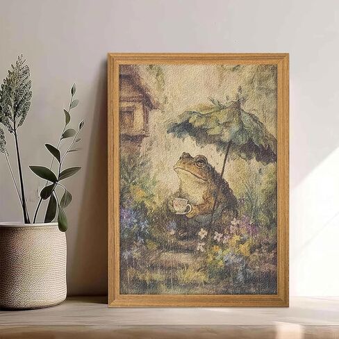 3D Textured Framed Vintage Frog Wall Art, Rustic Farmhouse Animal Wall Decor, Funny Frog with Umbrella Sandstone Painting, Whimsical Cottagecore Picture for Living Room Bedroom 12x16 Inch in Saudi Arabia