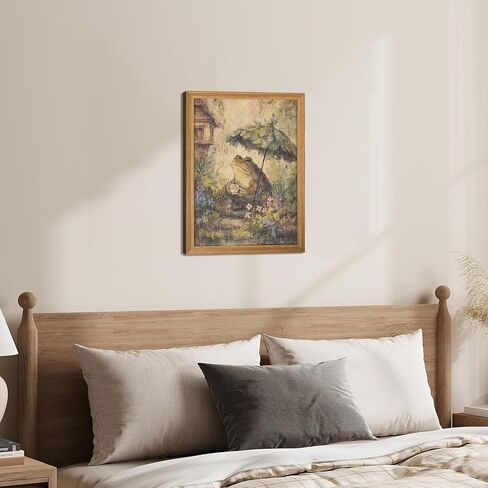 3D Textured Framed Vintage Frog Wall Art, Rustic Farmhouse Animal Wall Decor, Funny Frog with Umbrella Sandstone Painting, Whimsical Cottagecore Picture for Living Room Bedroom 12x16 Inch in Saudi Arabia