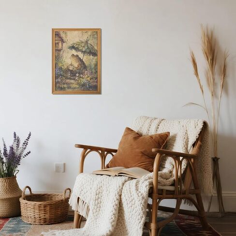 3D Textured Framed Vintage Frog Wall Art, Rustic Farmhouse Animal Wall Decor, Funny Frog with Umbrella Sandstone Painting, Whimsical Cottagecore Picture for Living Room Bedroom 12x16 Inch in Saudi Arabia