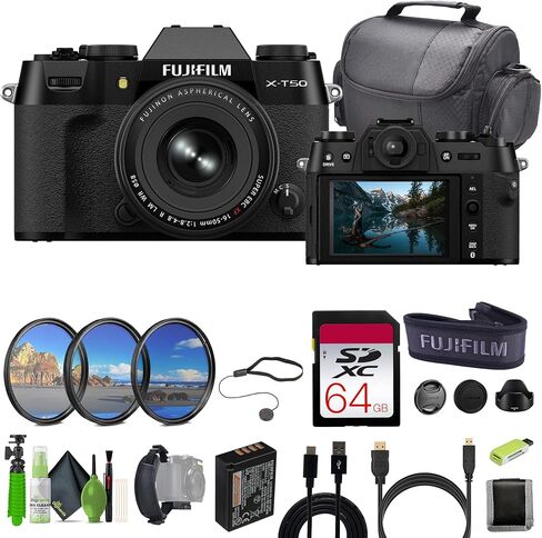 Fujifilm X-T50 Mirrorless Digital Camera XF16-50mmF2.8-4.8 R LM WR Lens Bundle Kit with 64GB Tough UHS-II SDXC Memory Card + Camara Bag + Cleaning kit + Micro HDMI Cable + More Accessories - Black in Kuwait