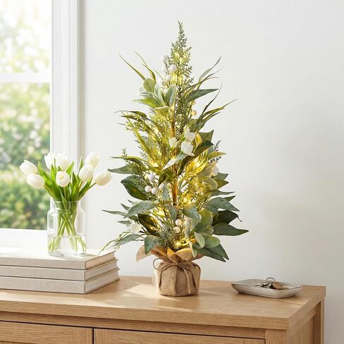 Lighted Spring Summer Artificial Eucalyptus Tabletop Tree with 20 LEDs and Timer Artificial Gypsophila and Magnolia Plant for Spring Summer Decor Office Decoration Mantel and Table Centerpiece in Kuwait