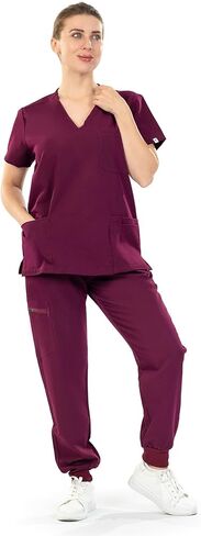 مجموعة Meidiero Scrubs للنساء - قميص علوي مطاطي برقبة على شكل حرف V وسراويل الركض مع 8 جيوب، زي ممرضة طبي ناعم يسمح بمرور الهواء in Kuwait