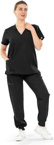 Meidiero Scrubs for Women Set - Nurse Uniform V-Neck Short Sleeve Top & Rib Cuffed Jogger Pants, Multi Pockets in Saudi Arabia