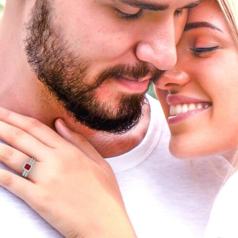 مجموعة خواتم زفاف للنساء - ذهب خالص عيار 14 قيراط، خاتم خطوبة روبي مقلد بالذهب الأبيض وخاتم خطوبة من الزركونيا المكدس، 1.56 tcw in Saudi Arabia