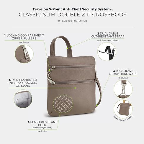 Travelon Anti-theft Classic Slim Double Zip Crossbody in Kuwait