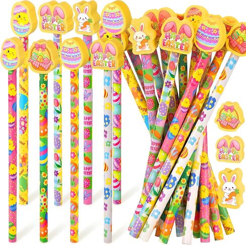36 Pcs Easter Pencils Set 18 Bunny Pencils 18 Happy Easter Erasers for Kids Student Classroom Rewards Basket Stuffers Party Favors School Gift Exchange Goodie Bags Filler Stationery in Saudi Arabia