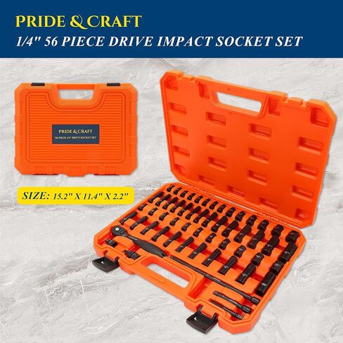 مجموعة مقابس مفك الصدمات PRIDE&CRAFT 1/4 بوصة 56 قطعة، 6 نقاط، SAE (5/32 إلى 9/16 بوصة) وأحجام مترية (4-15 مم) مع محولات، وقضبان تمديد، ومفاصل عالمية، ومفتاح عزم الدوران، هدية له in Saudi Arabia