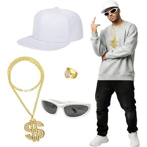 4 Pcs Hip Hop Costume Kit 80s 90s Outfit 2000s Accessories with Hat Sunglasses Chain Ring for Rapper Costume Fancy Dress Accessories Cosplay Carnival Theme Party in Kuwait