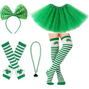 مجموعة أزياء عيد القديس باتريك مكونة من 5 قطع مع تنورة توتو على شكل نجمة ترتر خضراء، وقفازات مخططة لتدفئة الذراع، وجوارب عالية، وعصابة رأس على شكل ربطة عنق خضراء، وقلادة شامروك لإكسسوارات الحفلات النسائية in Kuwait