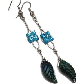 Long Blue Flower and Leaf Earrings in Kuwait