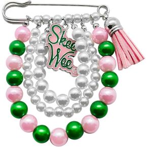 ALPHA Sorority Imitation Pearl Tassel Brooch With SKEEWEE Enamel Letter Charms Pink Green Beads Chain DIY Pin For Sorority Women in Kuwait