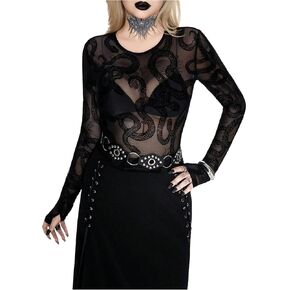 قميص نسائي برسومات الأفعى القوطية، مثير بشبكة شفافة، بياقة دائرية، وأكمام طويلة، ملابس خريفية in Kuwait