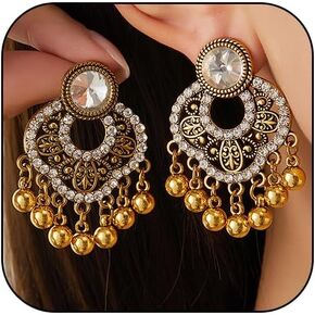 Indian Chandelier Earrings for Women Boho Ball Tassel Chandelier Crystal Beaded Dangle Drop Statement Stud Earrings Vintage Indian Jewelry in Kuwait