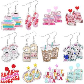 Nosiny 12 Pairs Glitter Acrylic Book Earrings for Book Lover Women Funny Reading Ghost Coffee Silly Goose Drop Dangle Earring Bookish Jewelry Accessories Supply for Bookworm Reading Lover Teacher Gift in Kuwait