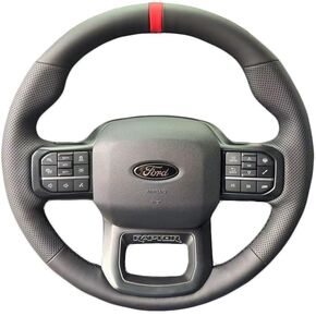 غطاء عجلة قيادة السيارة الداخلية من الجلد المثقوب باللون الأسود مخيط يدويًا، جلد من الألياف فائق النعومة مضاد للانزلاق وجيد التهوية، لسيارة Ford F-150 (Raptor) 2021-2024 / F-150 Lightning 2022-2023 in Kuwait