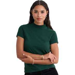 Fair Indigo Women's Organic Pima Cotton Short Sleeve Slim Fit Mock Neck Top in Kuwait