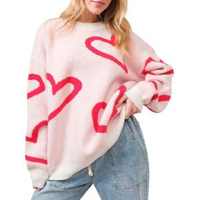 Women Heart Print Sweater Cute Love Graphic Long Sleeve Knitted Sweatshirt Oversized Shirt Top in Kuwait