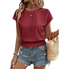 مرونة الخصر العيينة القمم للنساء الصيف Smocked Crewneck قصيرة الأكمام تي شيرت المحاصيل عادية عادي تي شيرت للعمل المهني in Saudi Arabia