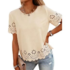 CHICME Women's Casual Summer Top 2026 Short Sleeve Round Neck Laser Cut Eyelet Scallop Trim Shirt for Vacation Daily Wear in Kuwait
