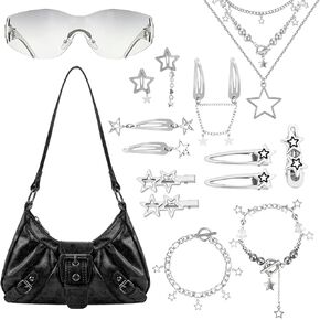 إكسسوارات Y2k للنساء، تتضمن المجموعة محفظة Y2k، ومشابك شعر على شكل نجمة فضية، وسوار على شكل نجمة، وقلادة Y2k ونظارات شمسية Y2k، وإكسسوارات الجرونج لمعظم الأشخاص in Kuwait