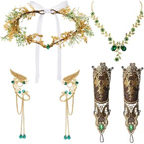 4 Pcs Green Fairy Elf Renaissance Accessories Set, Include Fairy Flower Moon Headpiece Elf Ear Cuffs Medieval Fingerless Gloves Emerald Green Necklace for Women Halloween Wedding Cosplay in Kuwait
