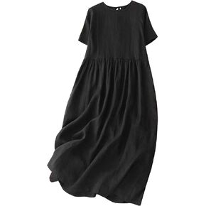 Women Bohemian Cotton Linen Dresses 3/4 Sleeve Maxi Long Dress Plain Classic Dresses Trendy Boho Dresses with Belt in Saudi Arabia