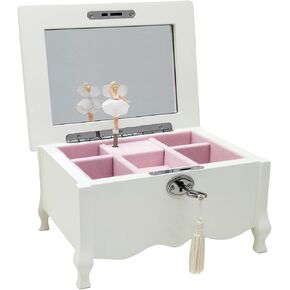 صندوق مجوهرات موسيقي أبيض للفتيات والنساء، صندوق مجوهرات موسيقي متوسط ​​القدم مع قفل، مرآة، منظم مجوهرات للأطفال، هدية مثالية لعيد الميلاد وعيد الميلاد وديكور المنزل للعام الجديد، 8x6x4.3 in Kuwait