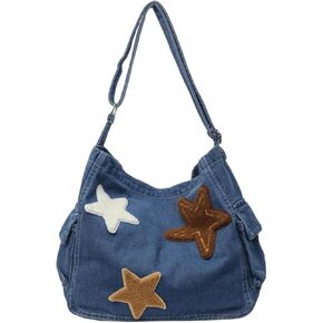 Vintage Star Denim Messenger Bag, Aesthetic Y2K Jean Tote Bag for Women Men, Casual Retro Hobo Bag for Travel Vacation Work in Kuwait