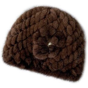 Womens Knitted Hats Genuine Mink Hair Hat Lady Girls Skiing Cap Skullies Beanies with Flower Winter Warm in Kuwait