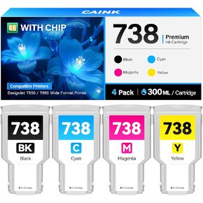 738 خراطيش حبر 300 مل 4 عبوات بديلة عالية الإنتاجية لحبر HP 738 738XL حبر 498N8A 676M6A 676M7A 676M8A متوافق مع طابعات HP DesignJet T850 T950 ذات التنسيق العريض باللون الأسود والأرجواني السماوي والأصفر in Kuwait