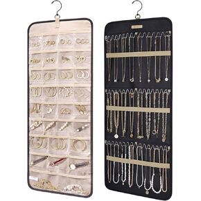 Hanging Jewelry Organizer Storage Roll with Hanger Metal Hooks Double-Sided Jewelry Holder for Earrings, Necklaces, Rings on Closet, Wall, Door 33 * 14IN (Pink) in Kuwait