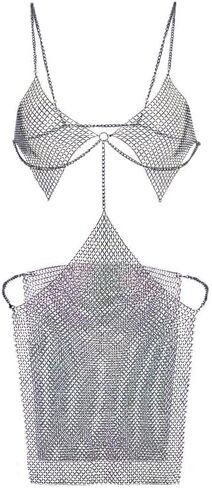 ملابس داخلية نسائية مثيرة بشبكة صيد السمك مرصعة بأحجار الراين فستان قصير بسلسلة لامعة شفافة من خلال قمصان النوم وقميص النوم in Kuwait