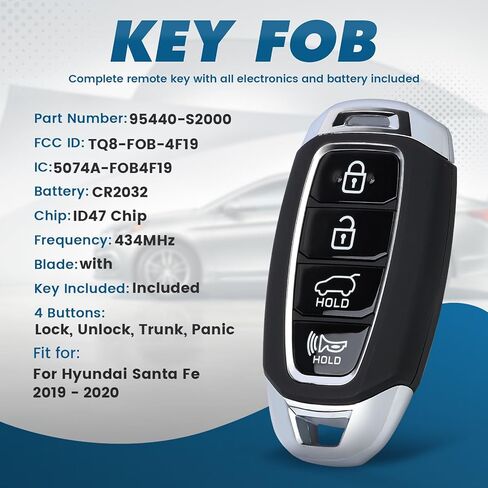 Keyecu استبدال الذكية مفتاح السيارة عن بعد فوب لشركة هيونداي سانتا في 2019 2020 TQ8-FOB-4F19 95440-S2000 434MHz ID47 رقاقة 4 أزرار in Kuwait