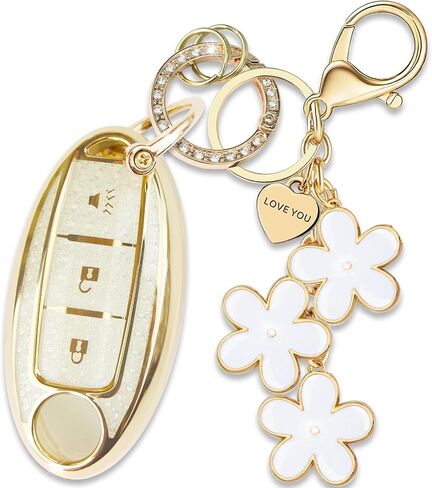 Pink TPU Key Fob Cover with Sakura Flower Keychain Compatible with Nissan Rogue Armada Murano Pathfinder Versa Juke Leaf Quest Cube Sentra Infiniti EX35 FX50 QX50 3-Button Smart Key for Women in Saudi Arabia