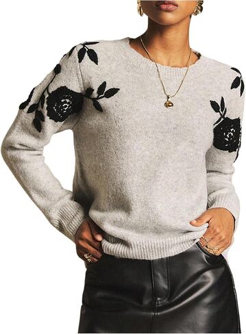 Women's Floral Print Sweater Crew Neck Long Sleeve Ribbed Knit Pullovers Fall Winter Outfits Grey Medium in Saudi Arabia