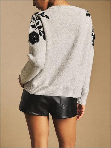 Women's Floral Print Sweater Crew Neck Long Sleeve Ribbed Knit Pullovers Fall Winter Outfits Grey Medium in Saudi Arabia