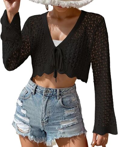 سترة علوية من الكروشيه للنساء برباط أمامي وأكمام طويلة سترة قصيرة مجوفة منسوجة للصيف in Kuwait