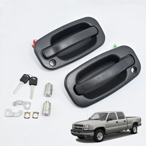4 عبوات من مقبض الباب الخارجي + أسطوانة القفل والمفاتيح المتوافقة مع 1999-2006 Chevy Silverado 1500 2500 3500 Classic Suburban Tahoe Avalanche، Sierra Yukon، Escalade ESV EXT #OE 15034985، 15034986 in Kuwait