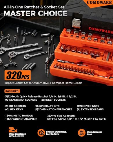 COMOWARE 320-Piece Master Mechanic Tool Set with Case, 1/4" 3/8" 1/2" Drive SAE & Metric Socket Wrench Set, Includes 72T Ratchet Set, CR-V Steel, Hex Keys & Specialty Bits for Auto Repair & DIY in Saudi Arabia