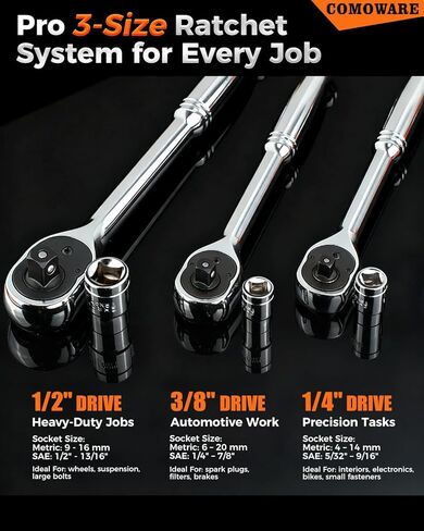 COMOWARE 320-Piece Master Mechanic Tool Set with Case, 1/4" 3/8" 1/2" Drive SAE & Metric Socket Wrench Set, Includes 72T Ratchet Set, CR-V Steel, Hex Keys & Specialty Bits for Auto Repair & DIY in Saudi Arabia