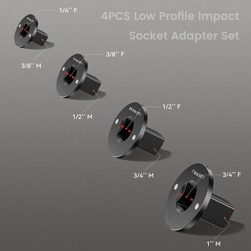 مجموعة محول مقبس الصدمات منخفض المستوى، 4 قطع محولات سقاطة للمحرك المغناطيسي من الفولاذ Cr-Mo ذات الجدار الرقيق للمساحات الضيقة، 3/4 بوصة إلى 1 بوصة، 1/2 بوصة إلى 3/4 بوصة، 1/2 بوصة إلى 3/8 بوصة، 1/4 بوصة إلى 3/8 بوصة in Kuwait
