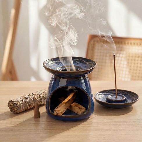 Palo Santo Holder Incense Burner for Sage, Ceramic Incense Holder for Sticks & Cones, 3-in-1 Mini Chimney Burner with Detachable Lotus Stick Tray, Meditation Home Decor Gift in Saudi Arabia