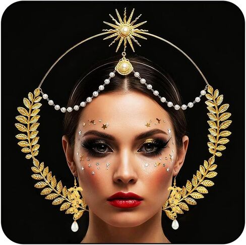 Sixexey Halo Crown Set Golden Greek Headband Earrings Egyptian Goddess Crown Mary Halo Headpiece Celestial Cosplay Costume Accessories for Women in Kuwait