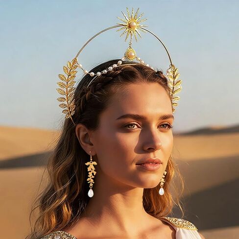 Sixexey Halo Crown Set Golden Greek Headband Earrings Egyptian Goddess Crown Mary Halo Headpiece Celestial Cosplay Costume Accessories for Women in Kuwait
